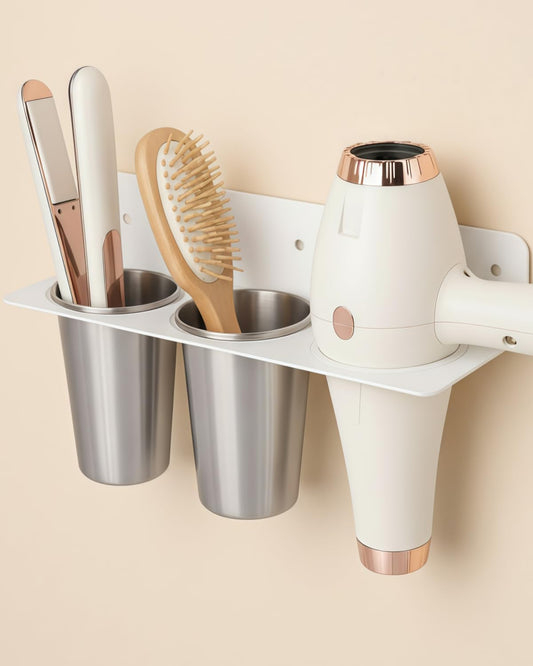 Hair Tool Organizer Wall Mount, Stainless Steel Hair Tool Holder with 2 Heat-Resistant Cups, Curling Iron Holder for Vanity, Hot Tools Organizer with PVC Ring,Hair Dryer Holder for Bathroom