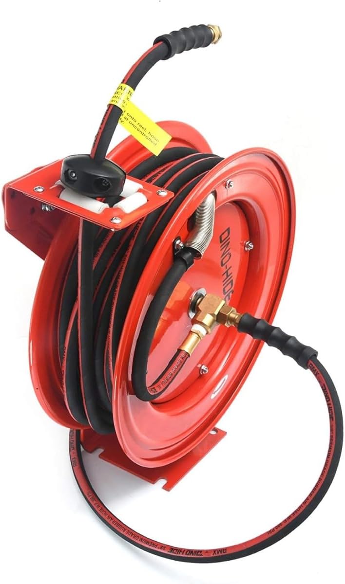 BLUBIRD Dino-Hide WLERHD1250R Heavy-Duty Retractable Hose Reel with 1/2" x 50' Rubber Air Hose, 300 PSI, Corrosion-Resistant Brass Fittings, Pneumatic Tools & Industrial Use