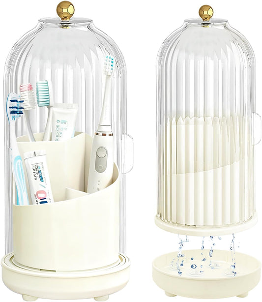 Multifunctional Rotating Toothbrush Holders with Sliding Lid and Draining Tray, 3-Slot Bathroom Countertop Vanity Organizer for Tooth Brush, Toothpaste, and Makeup Brushes Holder Storage (White)