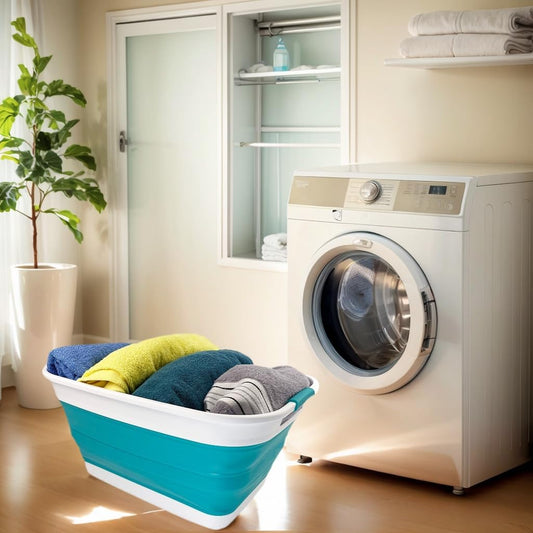 SAMMART 27L (7.1 Gallons) Collapsible Plastic Laundry Basket with Handle-Foldable Pop Up Storage Basket with handle (1, White/Ceramic Blue)