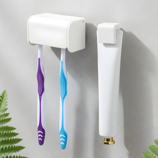 2Pcs Toothbrush Holder Wall Mounted with Cover, 2 Slots Toothbrush Storage Organizer for Shower Self-Adhesive Toothbrushes Hanger Toothpaste Clip Moisture-Proof and Dust-Proof for Family and Travel
