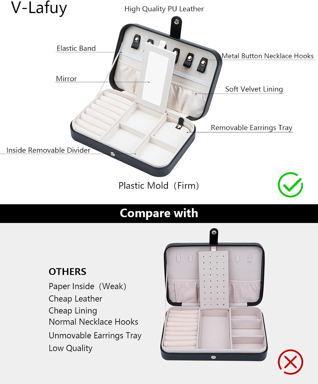 Small Jewelry Box, Travel Jewelry Case Portable Jewelry Boxes for Women, 2-Layer Jewelry Travel Organizer, Gift for Women Girls, Black B