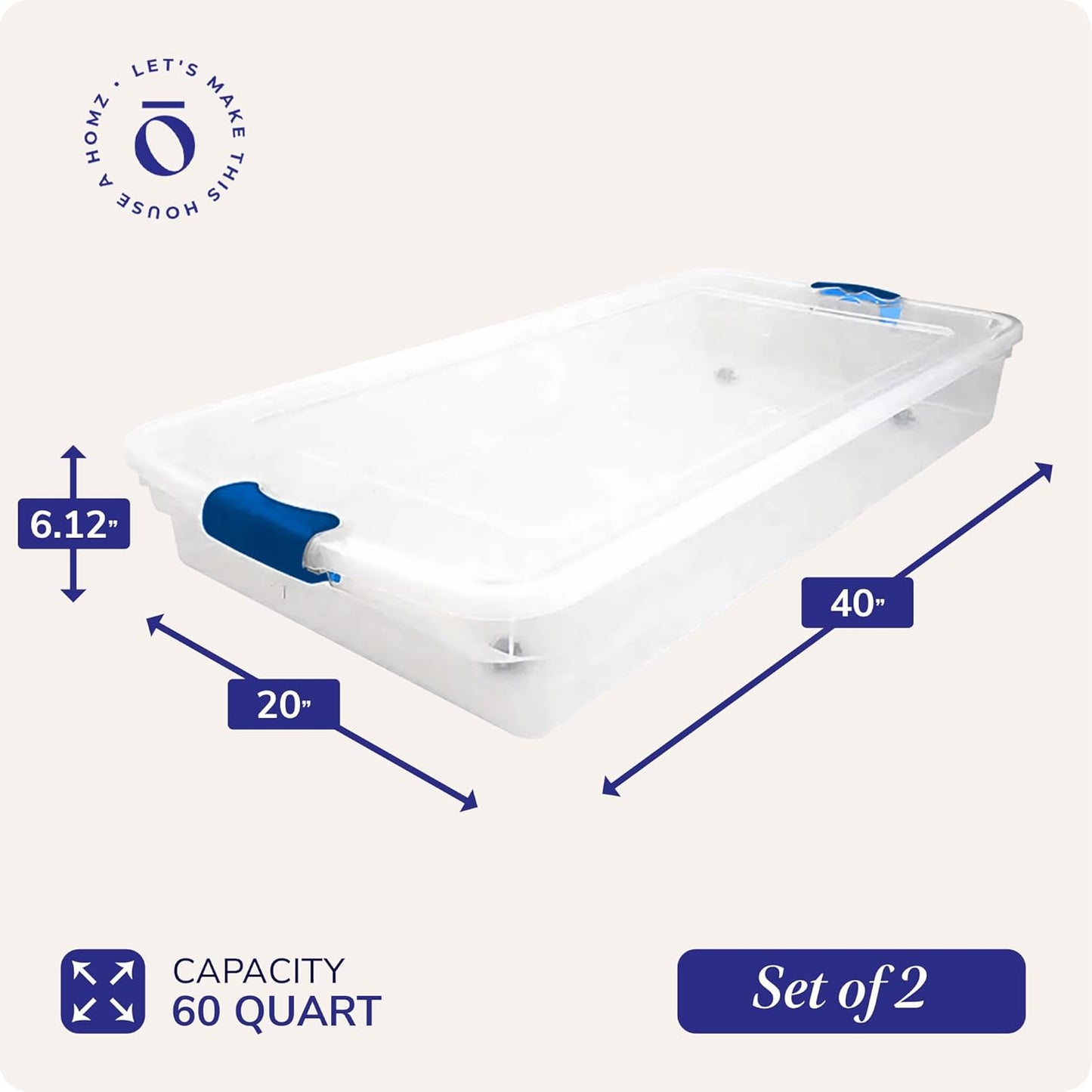 HOMZ 2-Pack Under Bed Storage, Clear Plastic Containers with Lids, 60 Quart, Blue Latch - Stackable Underbed Organizer Bins for Shoes, Bags, Clothes, and Towels