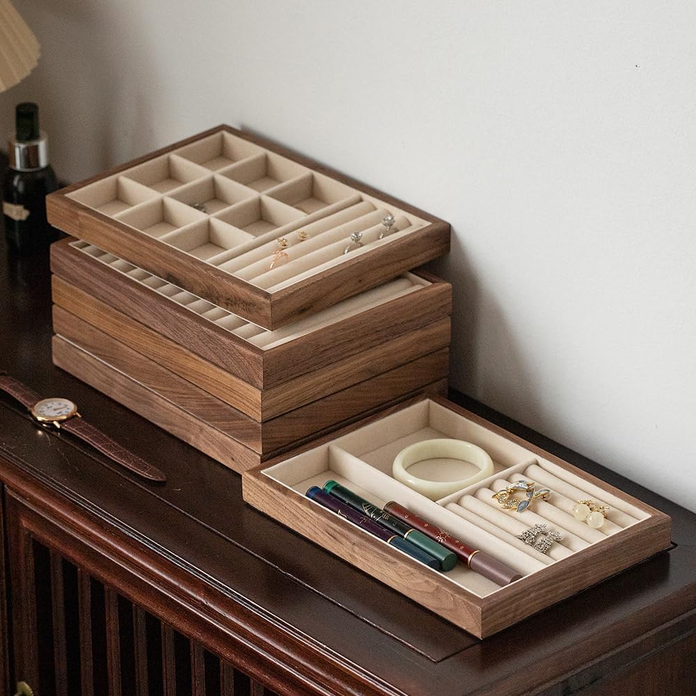 Black Walnut Wood Jewelry Tray with Velvet Lining, Multi-Functional Jewelry Organizer for Rings, Earrings, Necklaces & Bracelets, Drawer Jewelry Storage & Display Tray