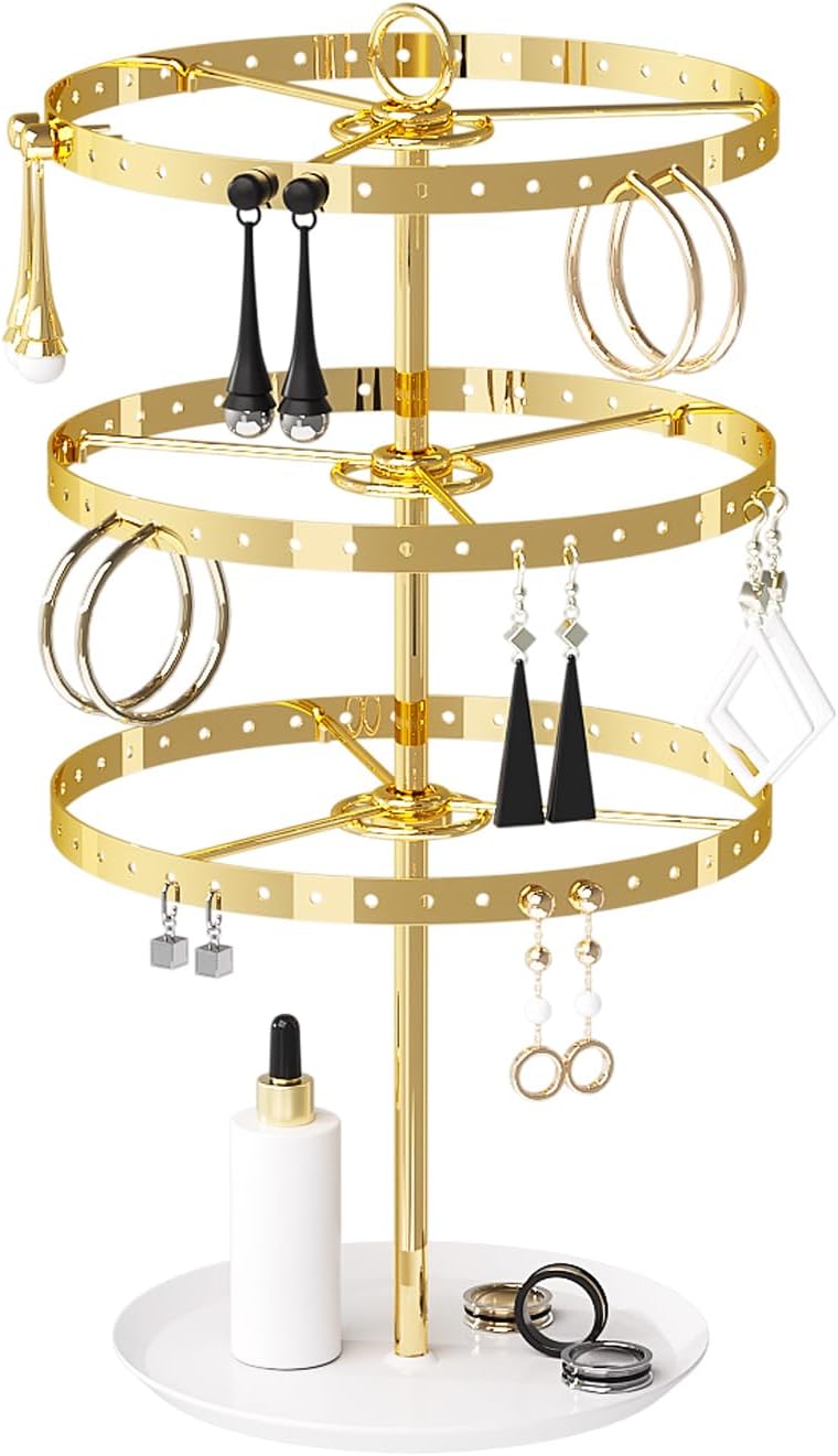 3 Tiers Earring Holder Organizer, Metal Rotating Earring Stand Adjustable Display Tree, 126 Holes Carousel Rack for Stud Hoop Pierced Dangling Women, Perfect View for All Earrings (Gold)