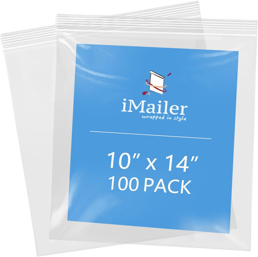 iMailer- 10" x 14" 100 Pack- 2 Mil Resealable Zip Bags- Clear Plastic Bags with Zip Top Lock for Storage, Organizing, Crafts, Travel