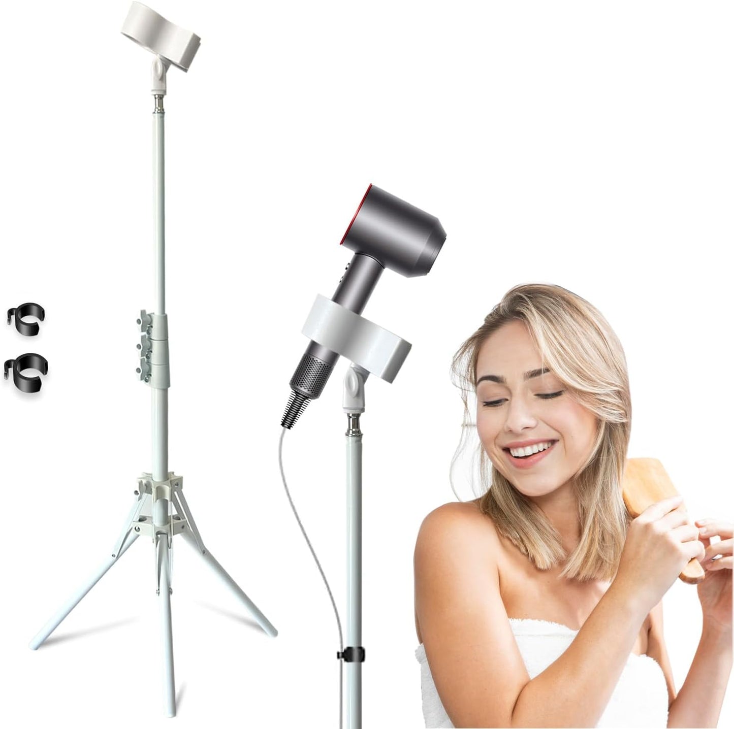 Hair Dryer Stand White 20-63 Inch Adjustable Blow Dryer Holder with Tripod and Universal Clip, Easy to Use, Hands Free Relieve Wrist Pain, Shoulder Periarthritis etc