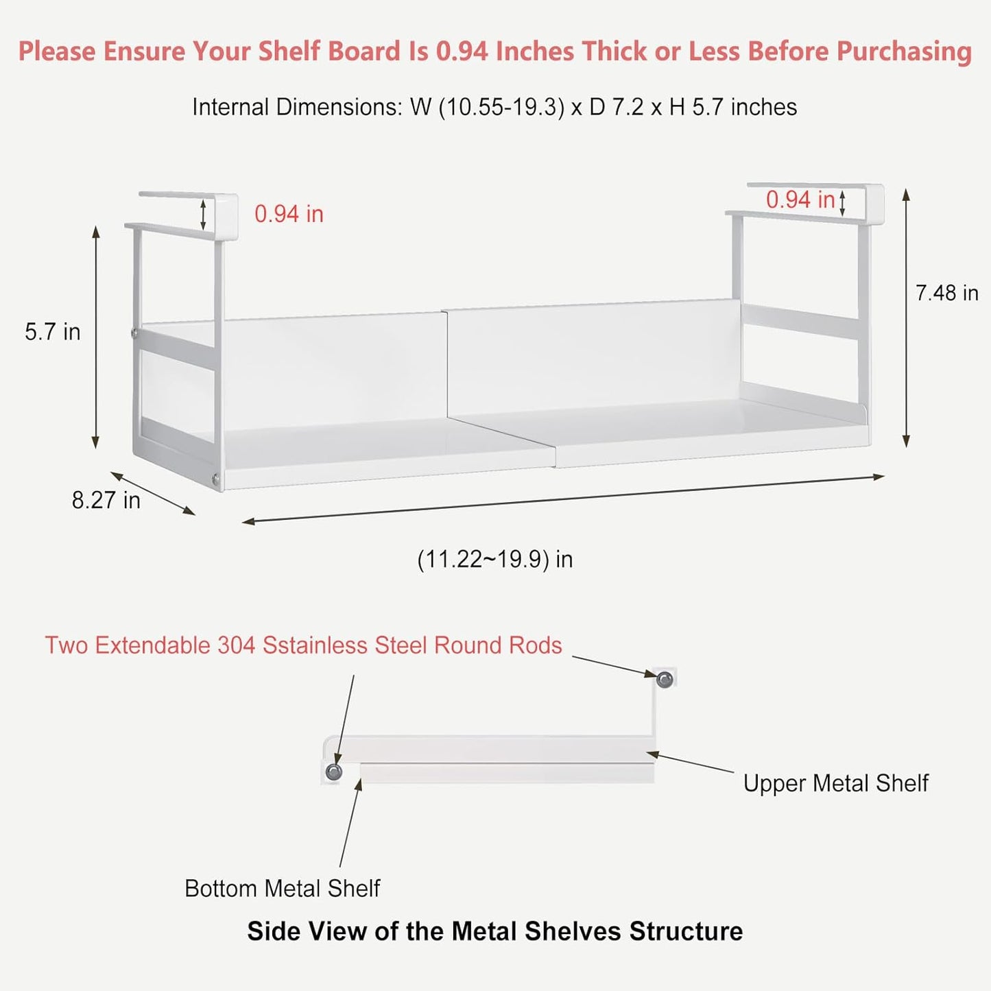 Expandable Under Cabinet Shelf Organizer with 0.94-Inch Thick Clips, Heavy Duty Extendable Under Shelf Storage Basket for Pantry or Laundry Room, White, 1 Pack, Interior: 5.7" H x 7.2" D