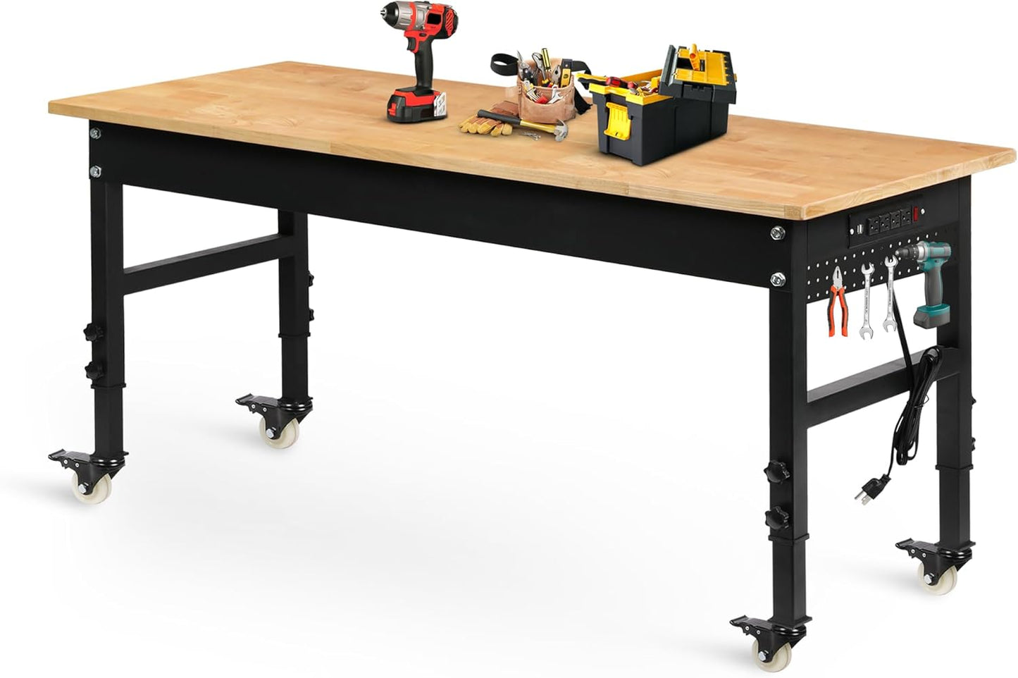 Betterhood 60" Adjustable Workbench on Wheels, Rubber Wood Heavy Duty Workstation with Power Outlets & Pegboard, 2000LBS Load Capacity Hardwood Worktable for Workshop, Garage, Office, Home, Commercial