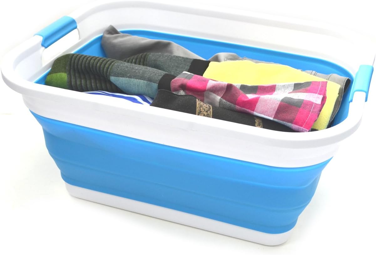 SAMMART Set of 2-41L(10.8 gallon) Collapsible Plastic Laundry Basket-Pop Up Storage Container-Portable Washing Tub-Space Saving Hamper/Basket, Water capacity:32L(8.4 gallon) (2 rectangular, Sky Blue)