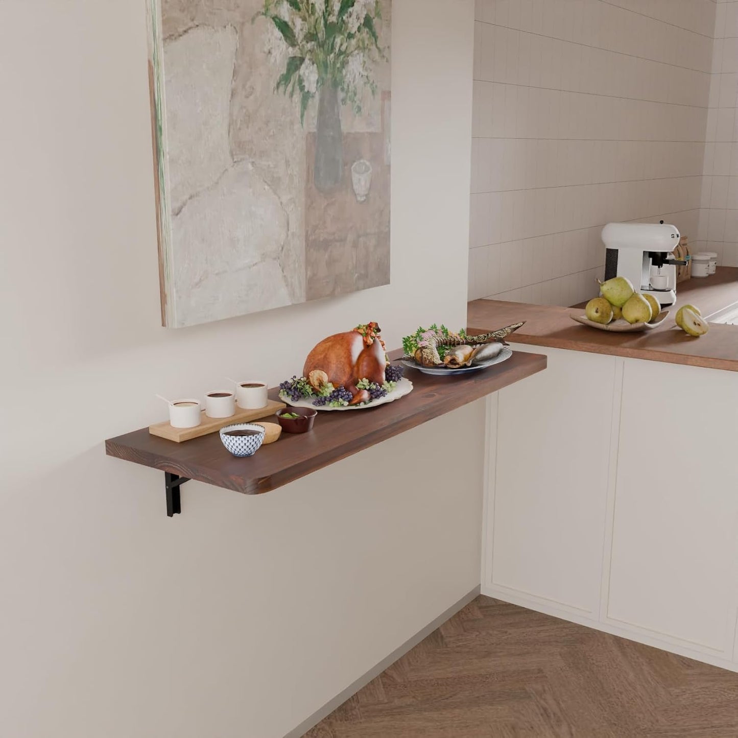 IAE Wall Mounted Folding Table with Pine Wood,48" x 16" Floating Wall Desk,Laundry Folding Table with Shelf Brackets,Fold Down Desk Shelf,Folding Workbench for Home,Dining,Laundry Room,Kitchen,Brown