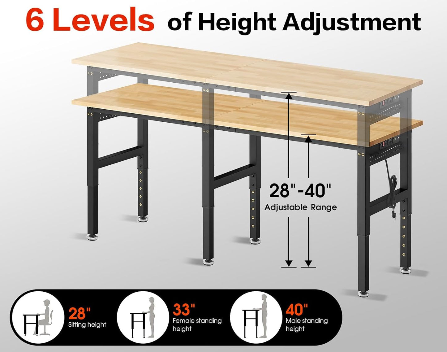 84” Heavy Duty Workbench, 5000 LBS Capacity Adjustable Work Bench with Pegboard and Power Outlet, Rubber Wood Work Table for Garage, Office, Workshop, Home