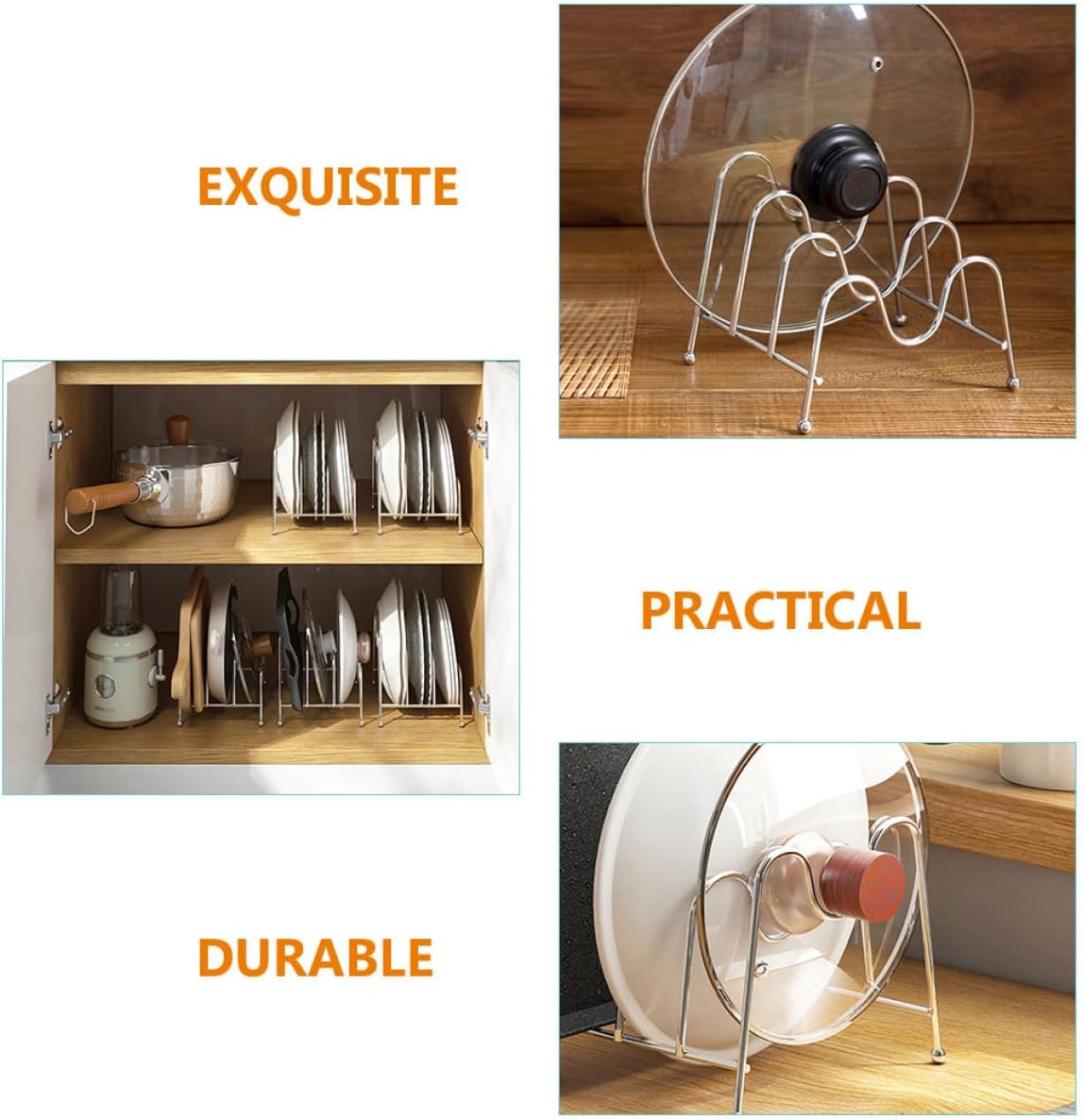 Uonlytech Multipurpose Silver Kitchen Pot Lid Holder Rack with Compartments for Organizing Pan Covers Plates and Cutting Boards Convenient Hygienic Storage Stand for Countertop and Cabinet