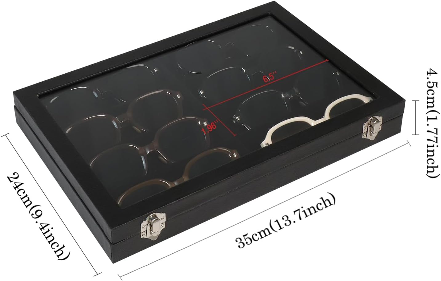 Wudygirl Jewelry and Sunglass Organizer - 8 Slot Storage With Clear Lid, Leather Eyeglasses Display for Women and Men (8 Grid)