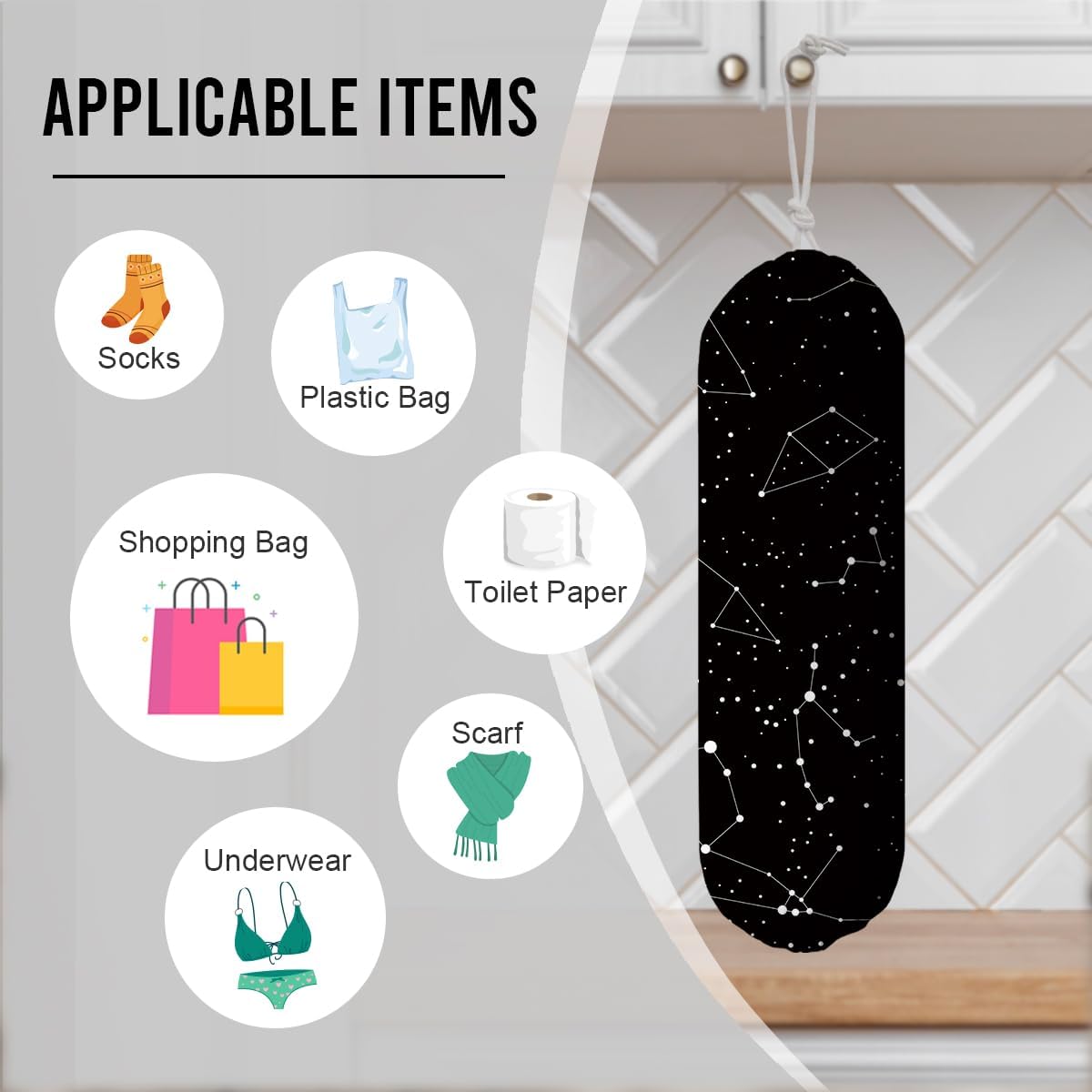 Constellation Stars Plastic Bag Holder, Astrology Reusable Grocery Garbage Bags Holder, Wall Mount Plastic Bags Organizer, Kitchen Housewarming Gift for Women, Kitchen Pattern Garbage Bag 55