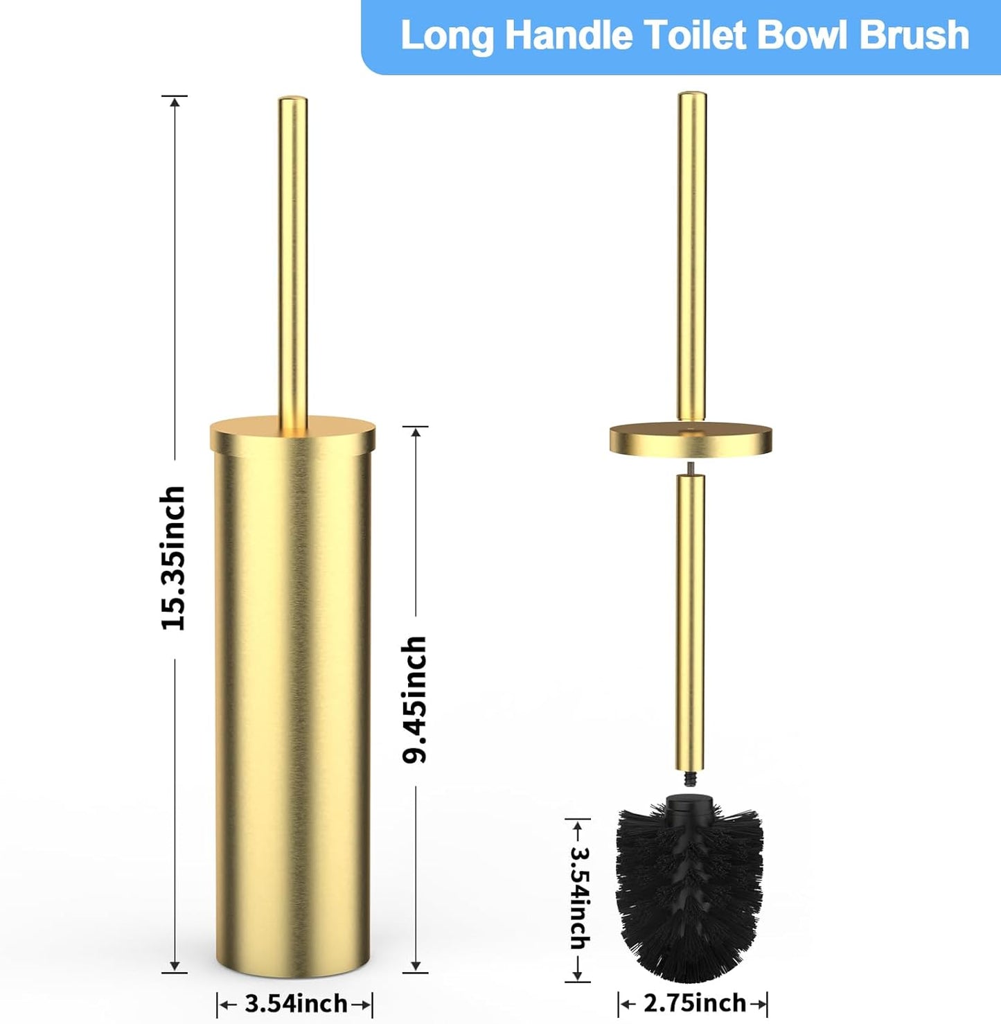 Stainless Steel Toilet Brush and Holder Set Brushed Gold Heavy Duty Toilet Bowl Brush with Long Handle for Bathroom and Farmhouse