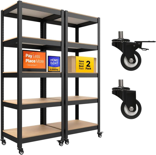 HOMEDANT House 5-Tier Metal Rolling Cart Shelf Rack Casters Heavy Duty Laminated Wheel Shelving Unit Adjustable Utility Storage Shelves Organizer Shelf Kitchen Garage 24.4" W x 16.5" D x 62.2" H 2Pack