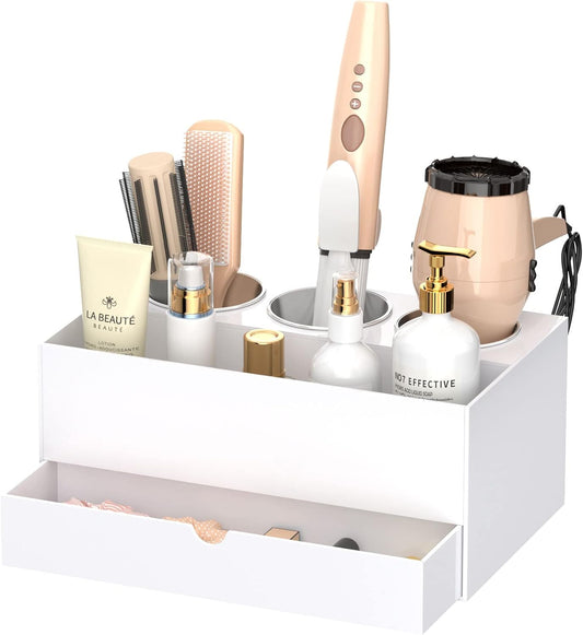 NIUBEE Hair Tool Organizer, White Acrylic Hair Dryer and Styling Organizer with Drawer, Bathroom Countertop Blow Dryer Holder, Vanity Caddy Storage Stand for Accessories, Makeup, Toiletries