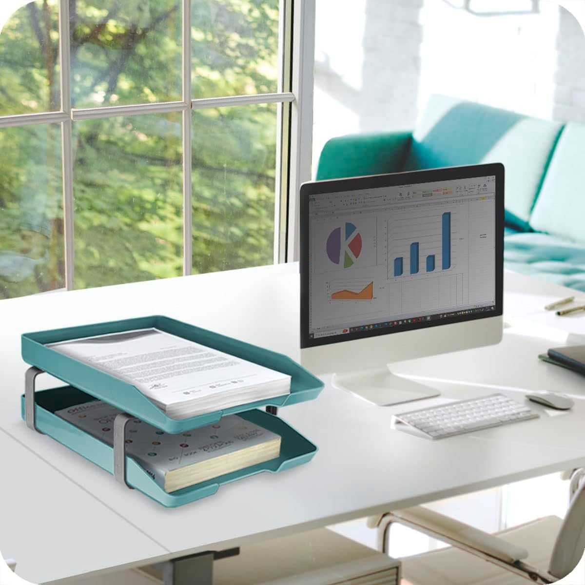 Acrimet Traditional 2 Tier Letter Tray, Front Load Design, A4 Letter Size, Desktop Organizer (Plastic) (Solid Green Color)