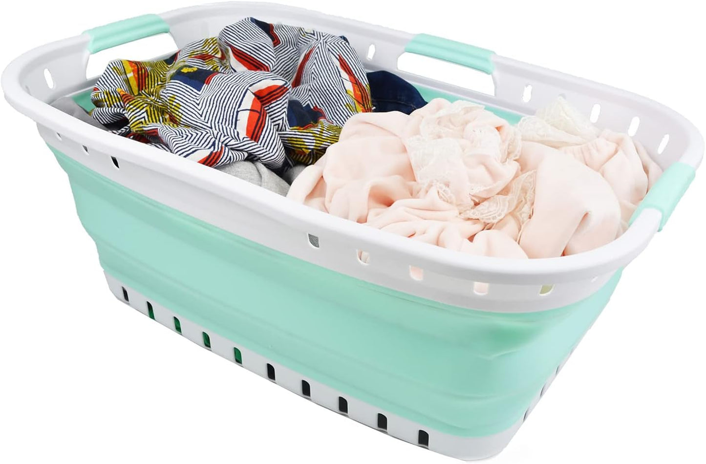 SAMMART 44L (11.62 gallon) Collapsible Plastic Laundry Basket - Foldable Pop Up Storage Container/Organizer - Portable Washing Tub - Space Saving Hamper/Basket (1, White/Light Green)