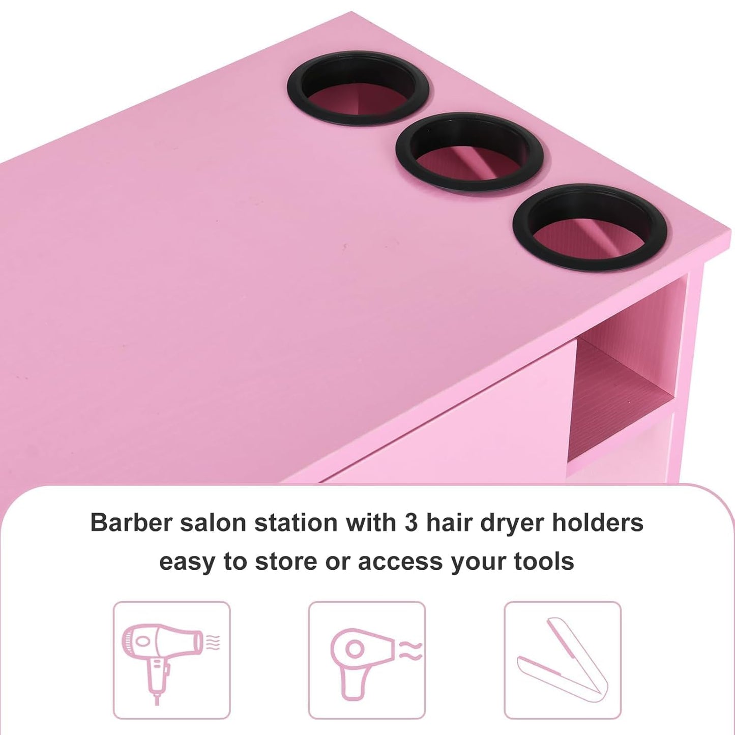 4ever2buy Barber Station for Hair Stylist, Salon Wall Station with Barber Cabinet, Hair Stations Equipment Hair Dryer Holder, Drawers (Pink)