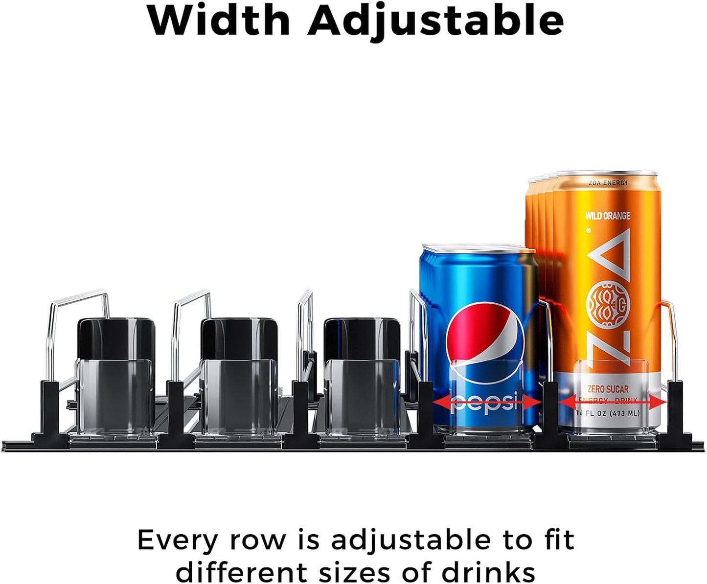 Puricon Drink Organizer for Fridge Pusher Glide, Spring Loaded Fridge Drink Dispenser, Self Pushing Soda Can Organizer for Refrigerator, Beer Bottle Beverage Organizer Drink Holder -5 Rows, Black
