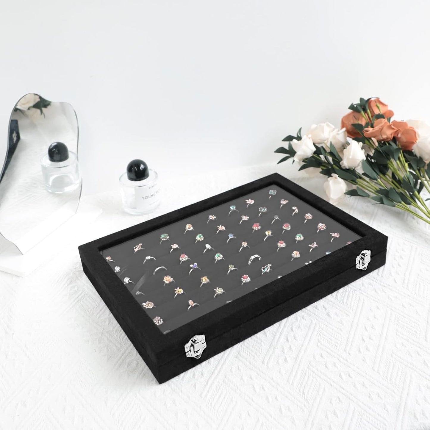 Wudygirl 7 Slot Ring Holder Organizer Display Tray for Rings And Jewelry Storage Velvet Ring Box with Multiple Slots Rings Organizer and Jewelry Showcase (Black Velvet)