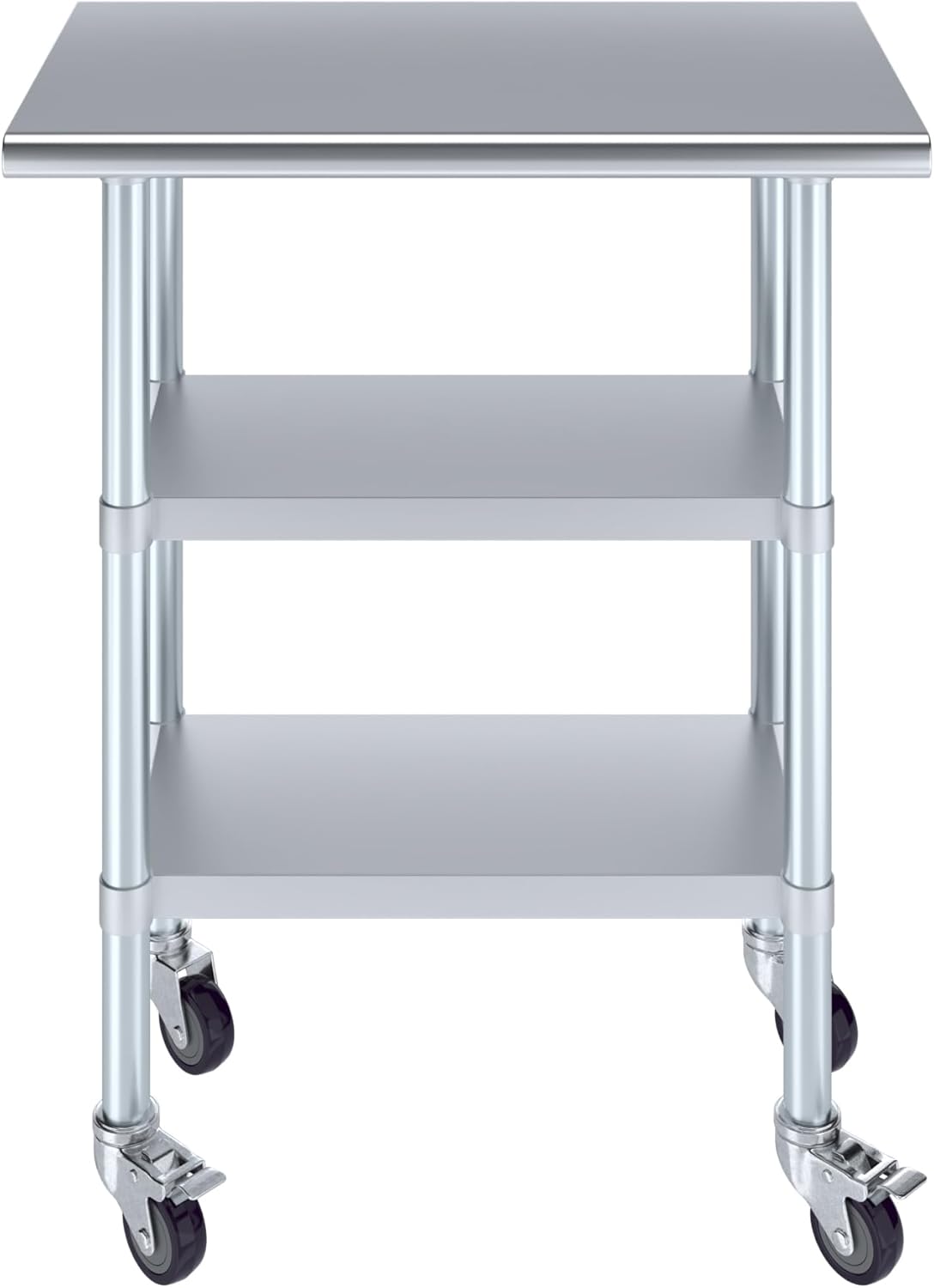 AmGood Stainless Steel Work Table with 2 Shelves and Casters | Metal Utility Table On Wheels (Stainless Steel Work Table with 2 Shelves + Casters, 30" Long x 18" Deep)