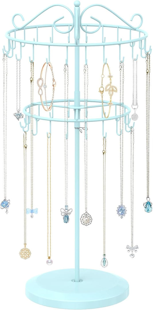 iDavosic.ly 2 Tier Rotating Necklace Holder Organizer with 42 Hooks, Adjustable Metal Bracelet Display Stand Rack, Extra Tall Keychain Spinning Tree Tower for Women, Blue