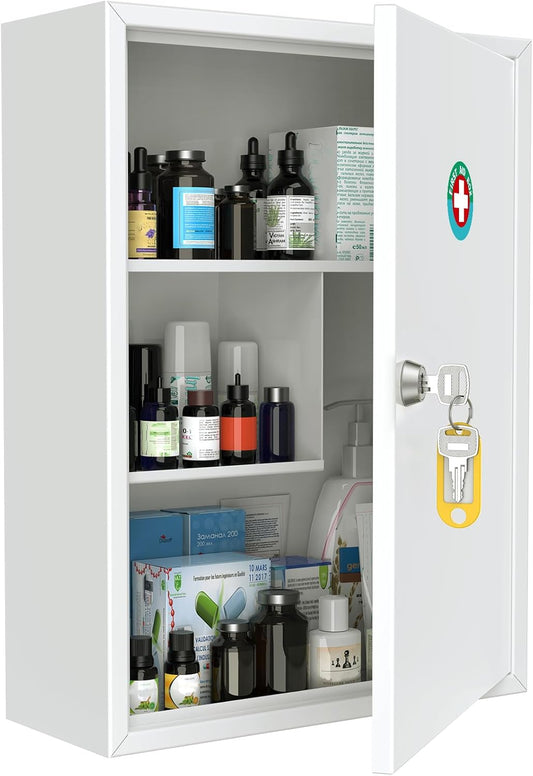 Uniclife Wall Mount Medicine Cabinet with Key Lock, Locking First Aid Cabinet, Lockable Medical Cabinet, Large Capacity Medicine Organizer, Secure Steel Wall Cabinet Metal Storage Box, White