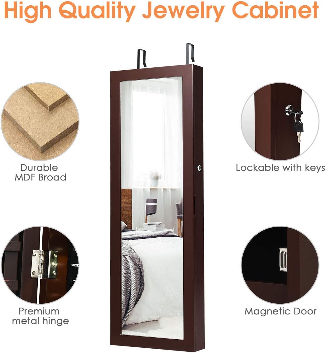 Giantex Jewelry Armoire Wall Door Mounted, Lockable Jewelry Cabinet with 42.5'' Full Length Mirror, 2 LEDs Jewelry Organizer Box with 2 Drawers, Mirror with Jewelry Storage (Espresso)