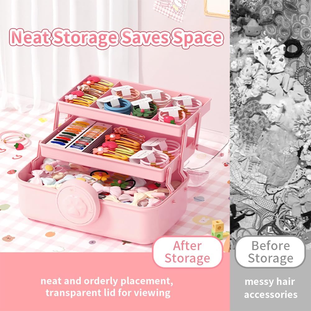 Bow Knot Hair Accessories Organizer Box - Cute Dust Proof Childrens Jewelry Storage Box, 3 Layers Plastic Storage Box for Clips, Headbands, Bands, Jewelry, etc