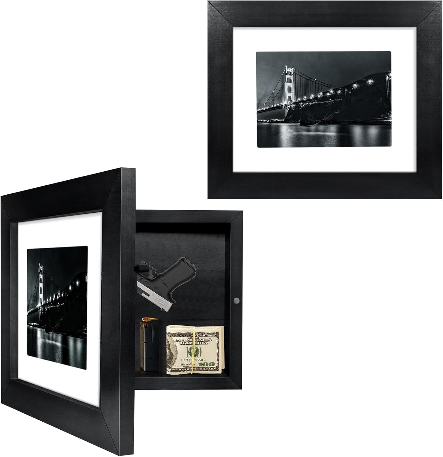 Hidden Gun Storage - Gun Safe Pistol Storage, 11"x14" Matted to 8"x10" Concealment Furniture Secret Decor Solid Wooden Handgun Picture Frames Box