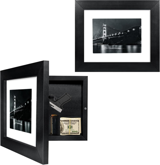 Hidden Gun Storage - Gun Safe Pistol Storage, 11"x14" Matted to 8"x10" Concealment Furniture Secret Decor Solid Wooden Handgun Picture Frames Box