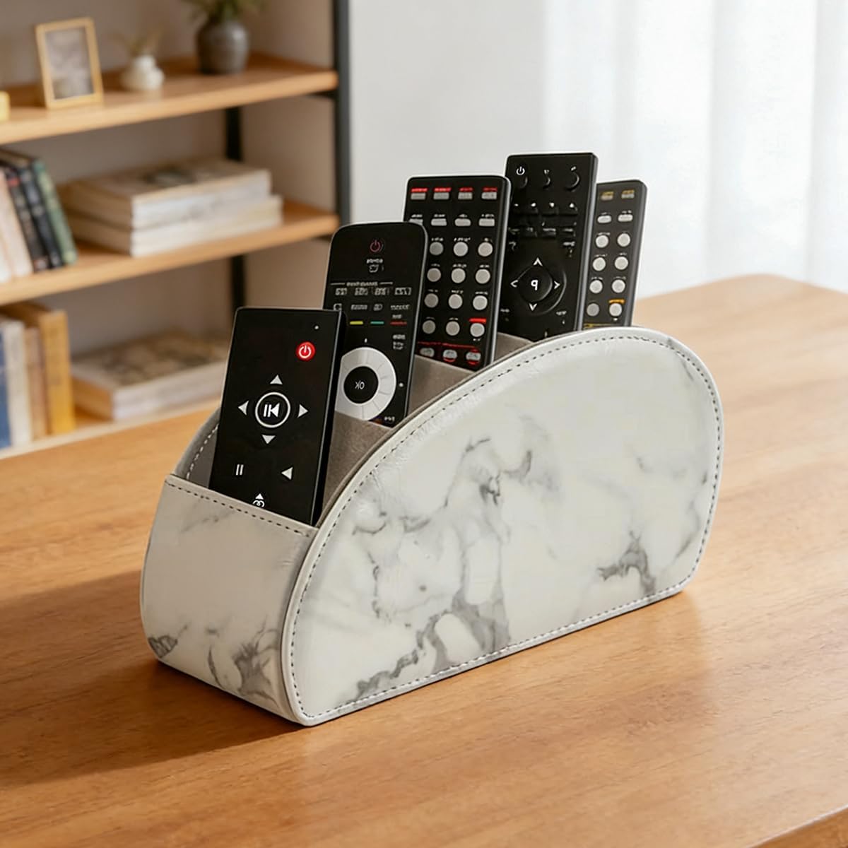 Remote Control Holder with 5 Compartments – [Upgrade Version] PU Leather Remote Caddy Desktop Organizer Store TV, DVD, Blu-Ray, Media Player, Smart Phones, Heater Controllers(Marble white)