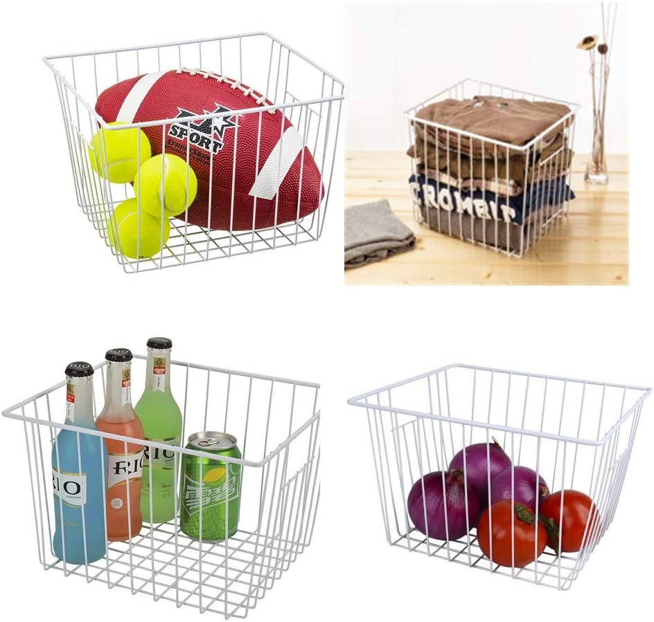 Freezer Wire Baskets, Kitchen Storage Organizer Bins for Chest and Upright Freezer, Refrigerator Dividers Containers with Handles - Pearl White (4)
