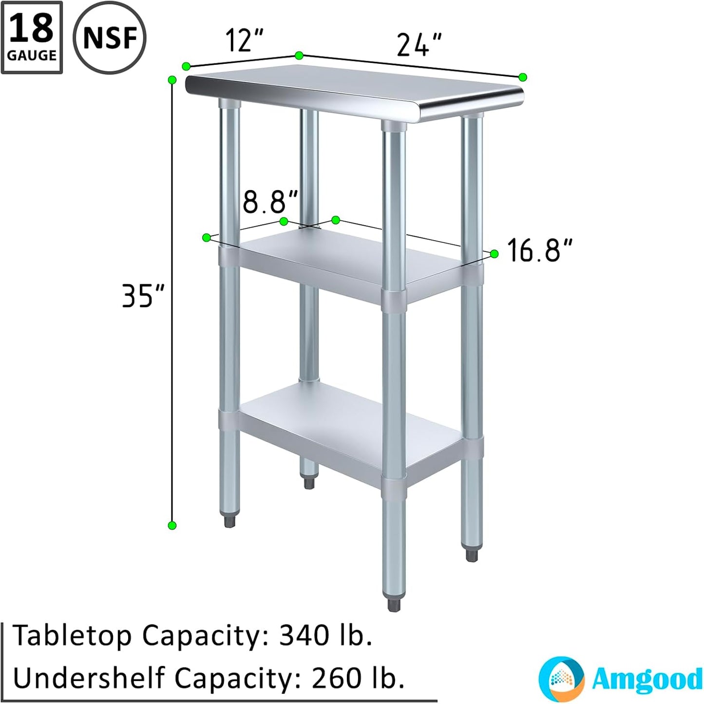 AmGood Stainless Steel Work Table with 2 Shelves | NSF | Metal Utility Table (12" Long x 24" Deep)