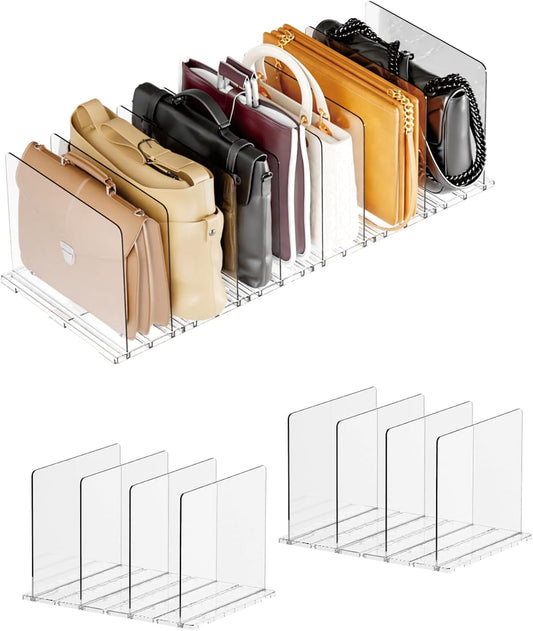 Adjustable Acrylic Purse Organizer for Closet Shelf – Clear Handbag Storage Divider, Pocketbook Rack, Clutch Holder, Purse Shelf Organizer for Women’s Closet Organization