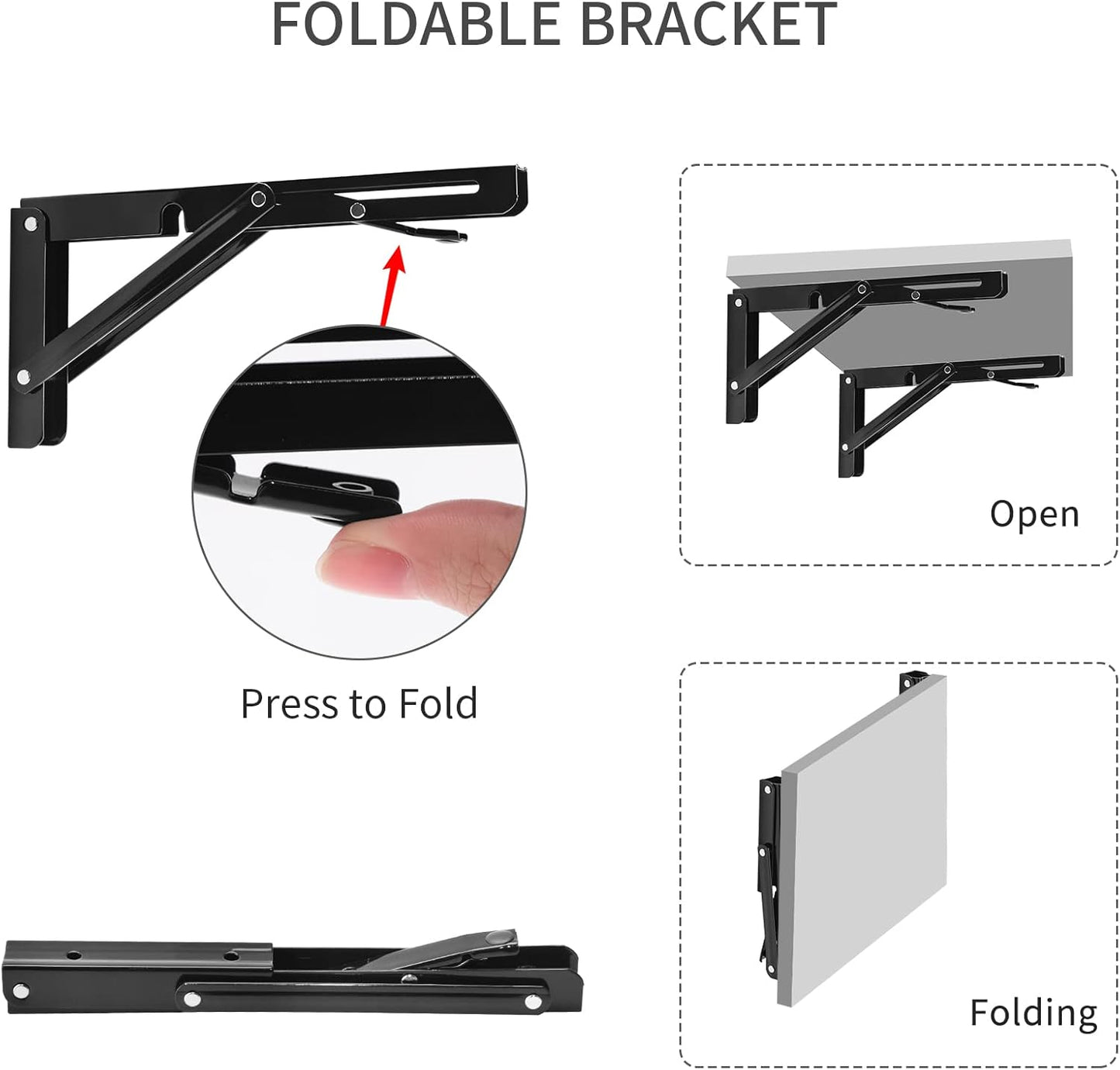 YUMORE Folding Shelf Brackets, 8 Inch Heavy Duty Collapsible Shelf Bracket, Black DIY L Bracket for Workbench Folding Table Hinge, Max Load: 300lb, 2 Pack