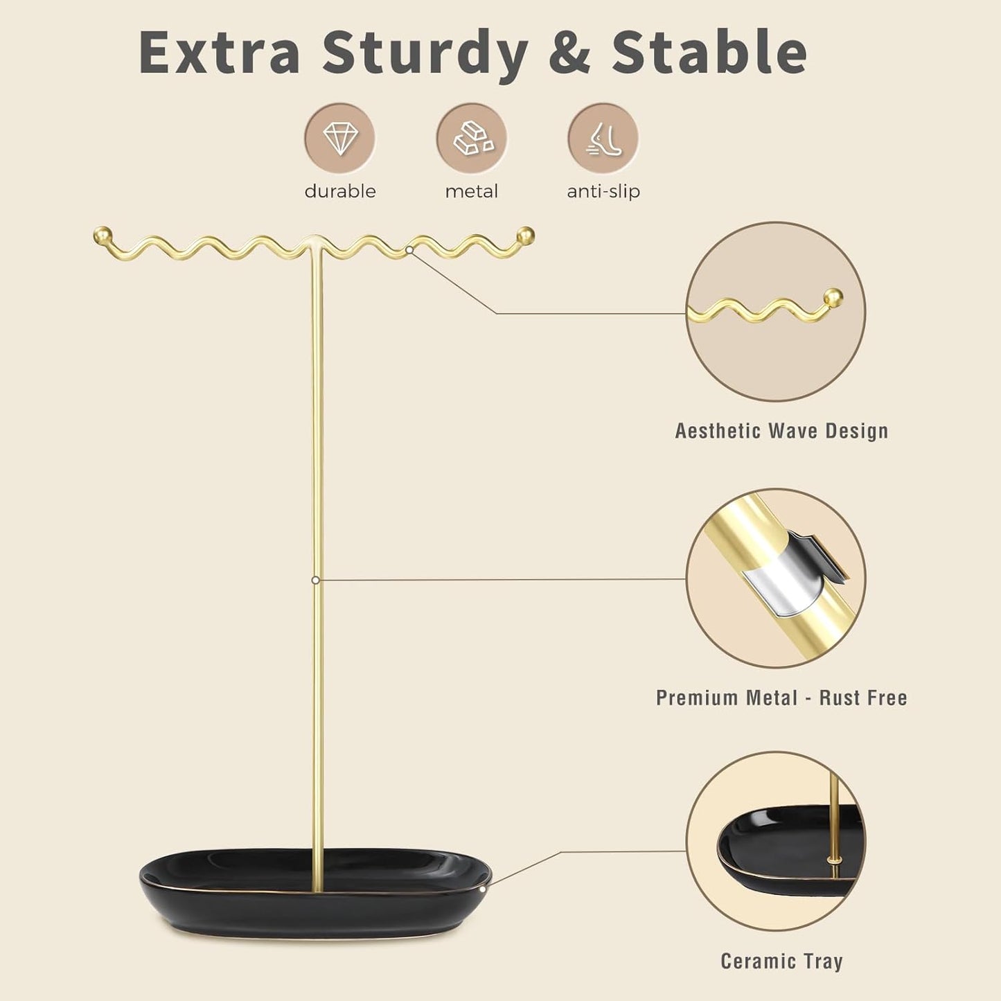 Elegant Jewelry Holder Stand: Metal Tree & Ceramic Tray Organizer for Necklaces, Rings, Earrings - Durable, Rustproof Display Holder Easy to Access Deluxe Black