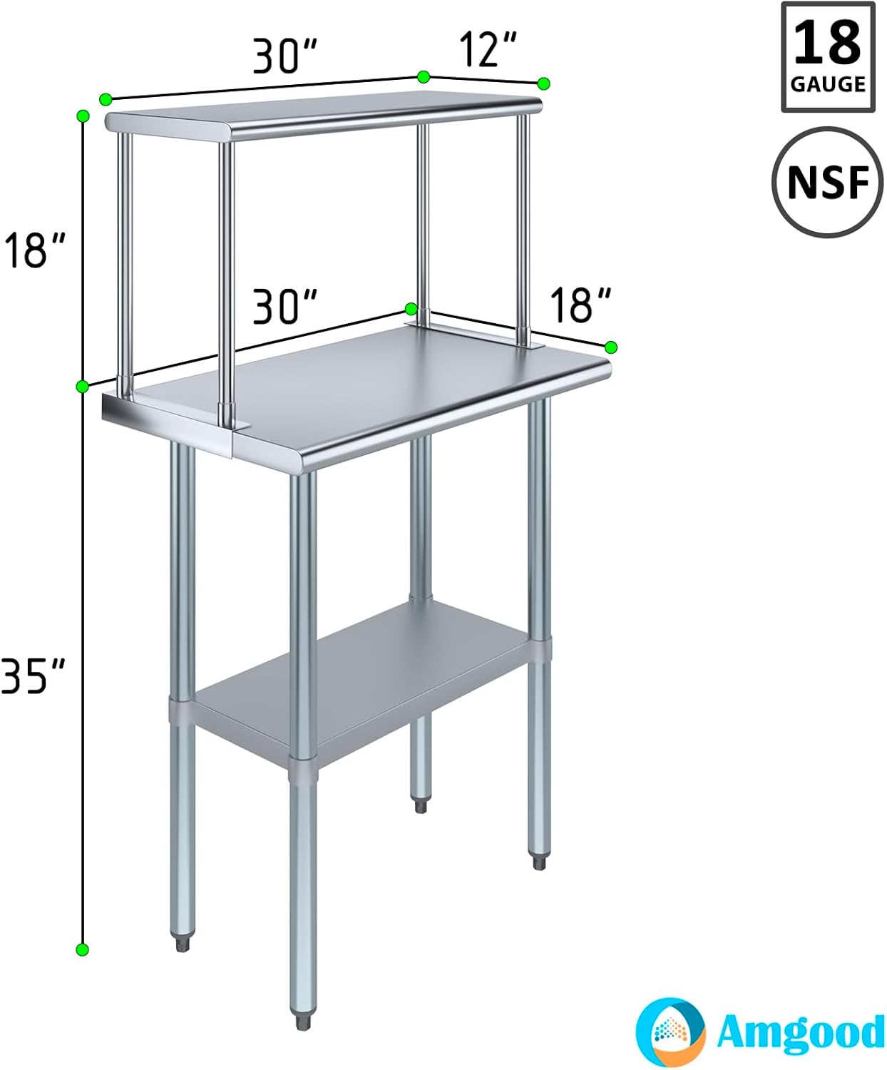 Stainless Steel Work Table with Wide Single Tier Overshelf | Metal Kitchen Prep Table & Shelving Combo (18" x 30" Work Table + 12" Overshelf)