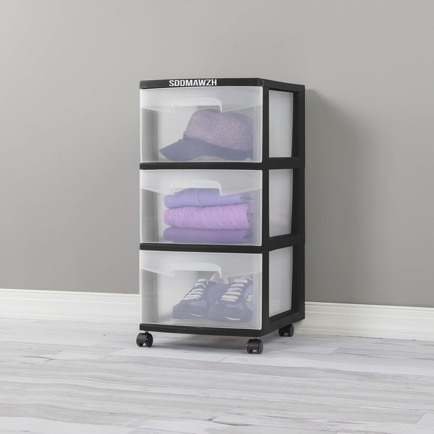 3-Drawer Plastic Cart with Clear Drawers & Removable Wheels - Space-Saving Home/Office/Dorm Organizer for Craft Supplies, Office Essentials & Bedroom Items (Black)