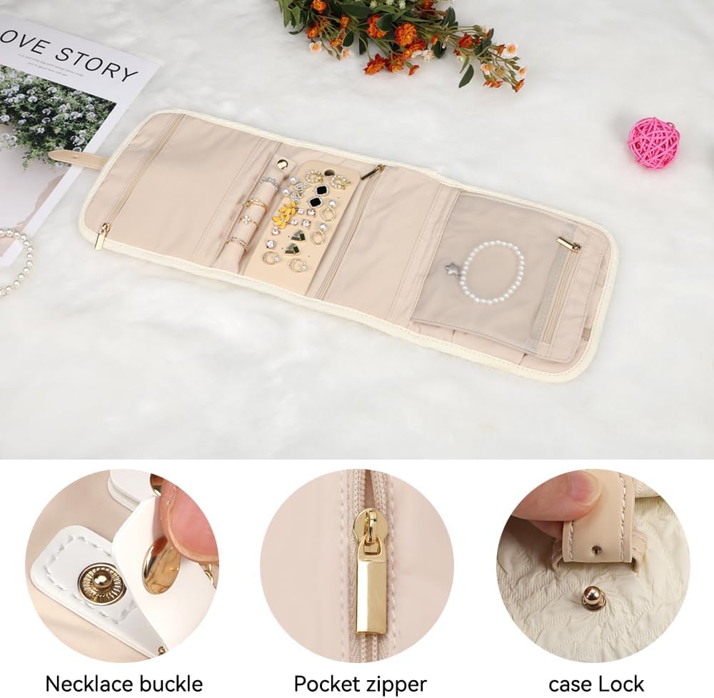 Voova Travel Jewelry Holder Organizer Case, Small Jewelry Storage Bag for Women Girls, Foldable Traveling Jewellery Pouch Roll for Necklaces Rings Earrings Bracelets, Mini, Apricot