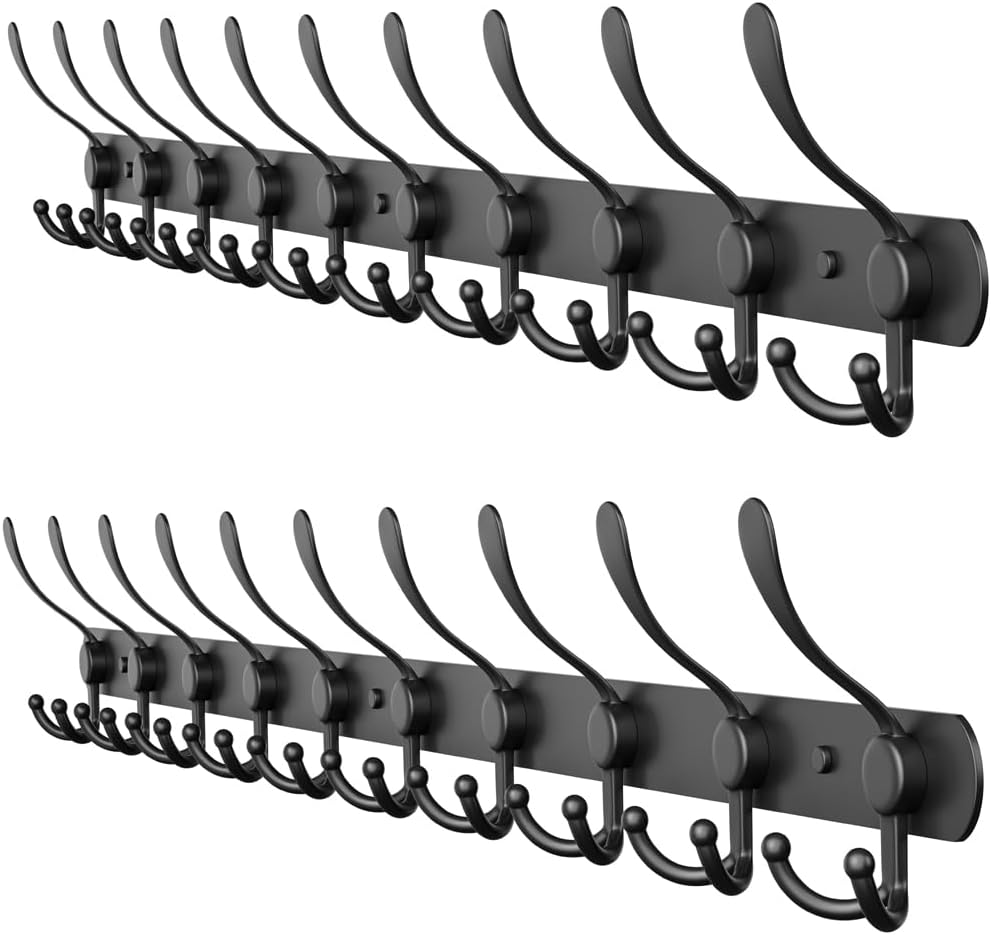 Coat Rack Wall Mount with 10 Tri Hooks, Stainless Steel 32 Inch – Black Matte Finish, Heavy Duty Wall Mounted Hook Rack for Coats, Hats, Towels, Scarfs, Robes, Bags, Entryway & Bathroom - 2 Pack