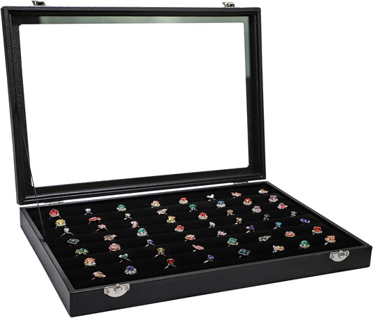 Wudygirl 7 Slots Ring Holder Organizer Box with Transparent Lid Black Jewelry Organizer for Store Display Jewelry Holder for Rings（Ring Organizer）