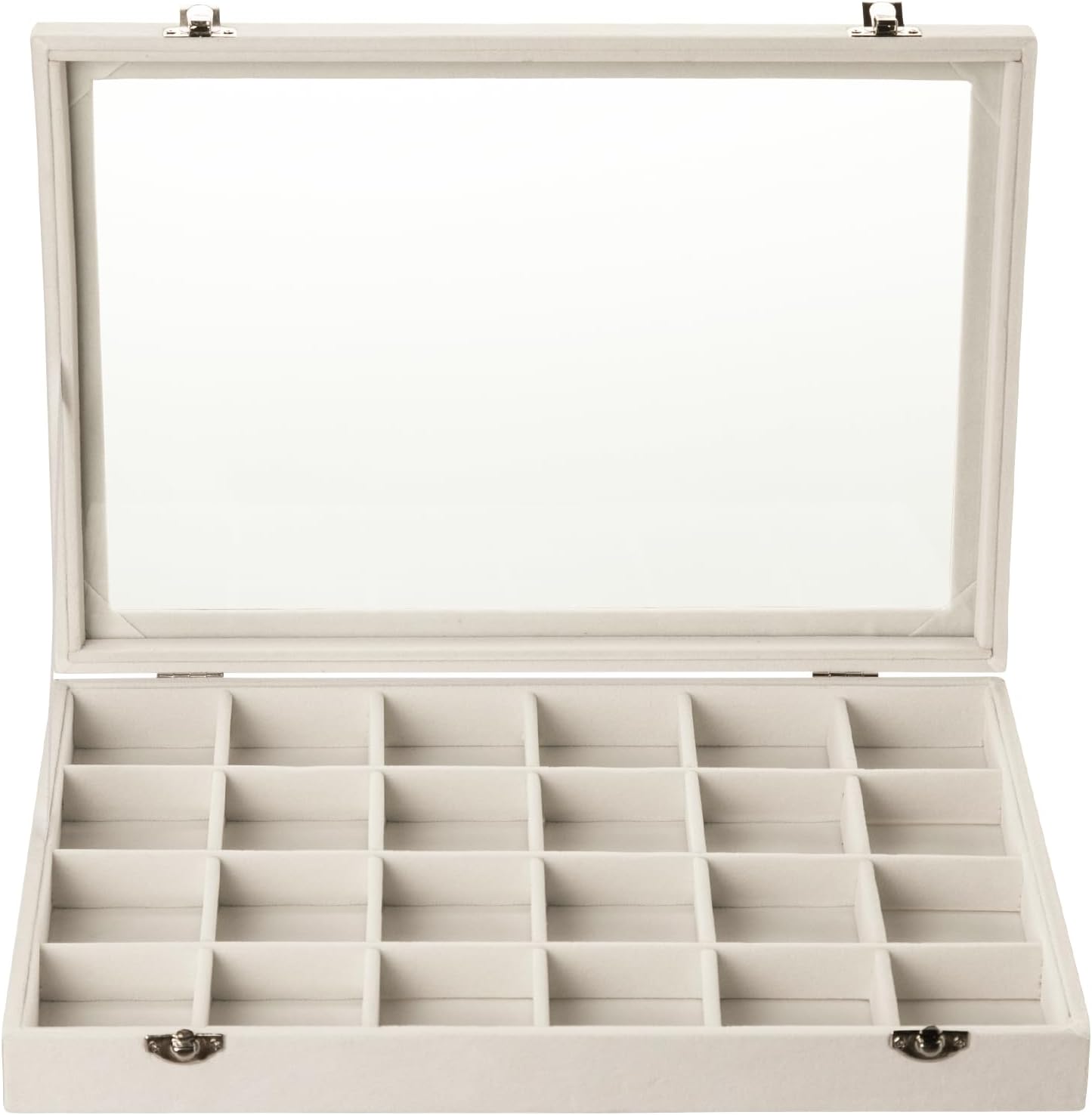 Frebeauty Velvet Jewelry Tray,24 Grid Jewelry Organizer with Clear Lid,Earring Holder Organizer with Clasp,Drawer Insert Rings Pendants Brooches,13.8 x 9.5 x 2 Inches,Gift for Women Girls(Beige)