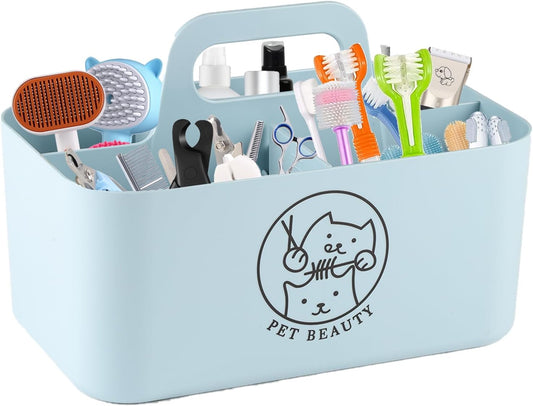 5-Compartment Blue Dog Stuff Storage Caddy, Portable Pet Grooming Organizer with Handle, 9.8" L x 6.1" W x 4.4" H