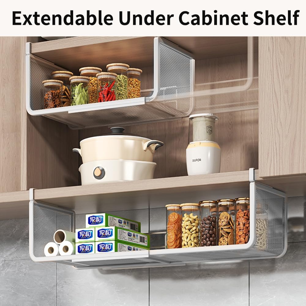 Expandable Under Shelf Basket Organizer, Under Shelf Storage, Hanging Baskets Under Cabinet for Pantry Kitchen Cupboard Desk Counter Bookshelf Space Saver Heavy Duty Slide-in (white, 2 Pack)