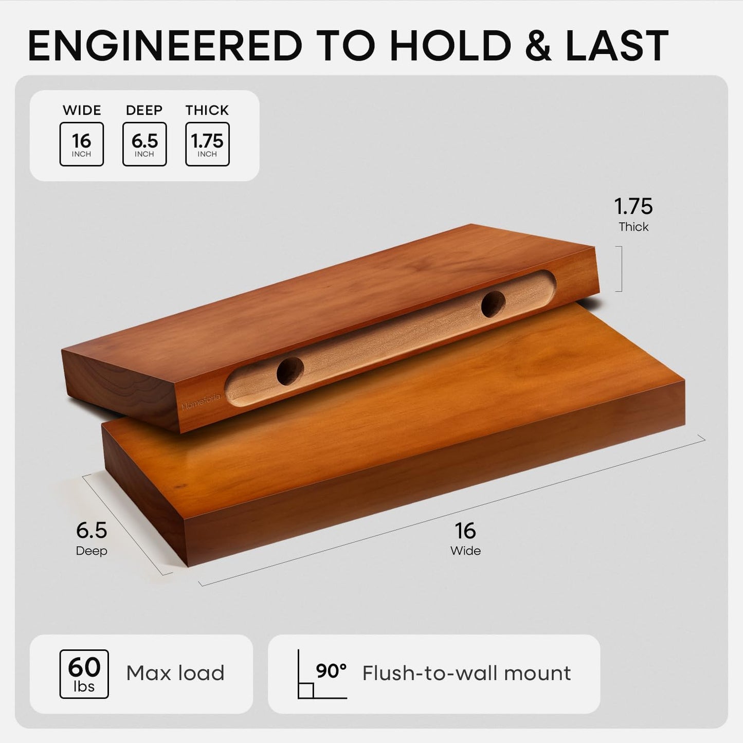Homeforia 16 inch Oak Floating Shelf, High End Solid Real Wood 16inch Small Floating Shelves for Wall Mounted, Honey Oak Wooden 16in Floating Shelves, Heavy Duty Bracket, 16 X 6.5 X 1.75 in, Set of 3