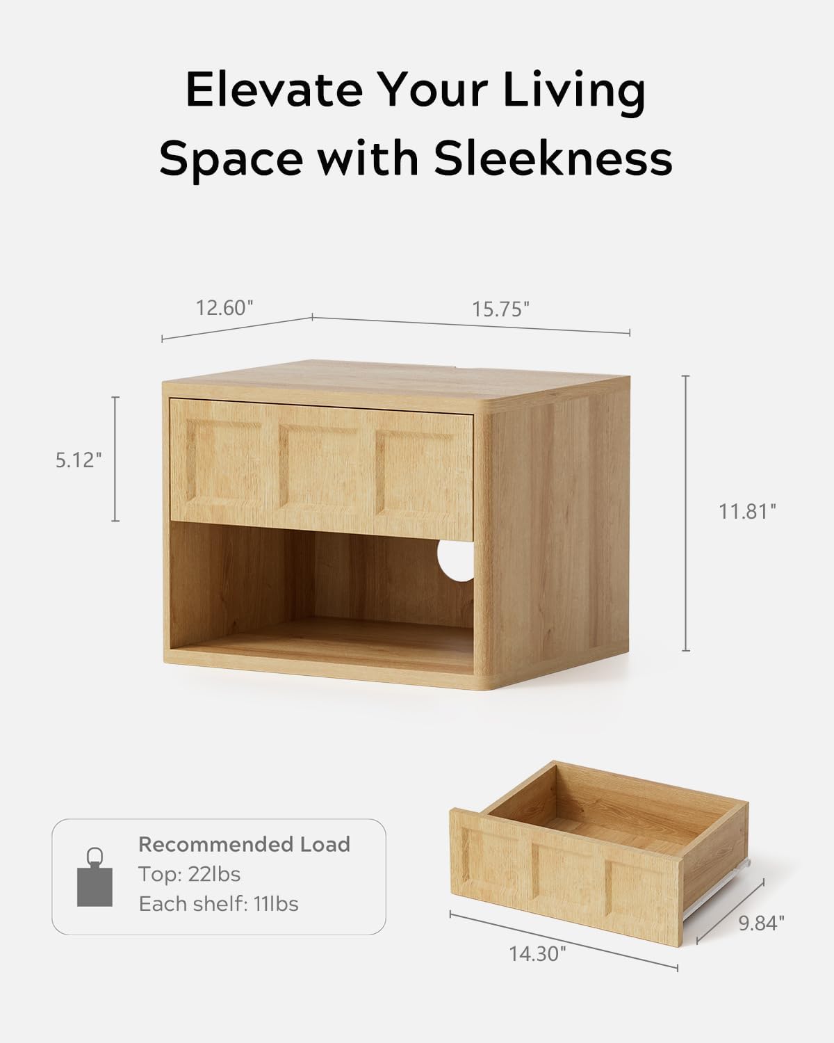 Floating Nightstand Set of 2, Wall Mounted Bedside Table with Storage Drawer and Open Shelf, Modern Night Stand with Curved Corners for Living Room, Bedroom, Dorm, Natural Oak